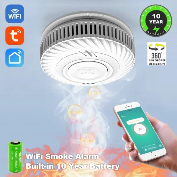 WiFi Tuya Smart Smoke Detector – 10-Year Built-In Lithium Battery Fire Alarm