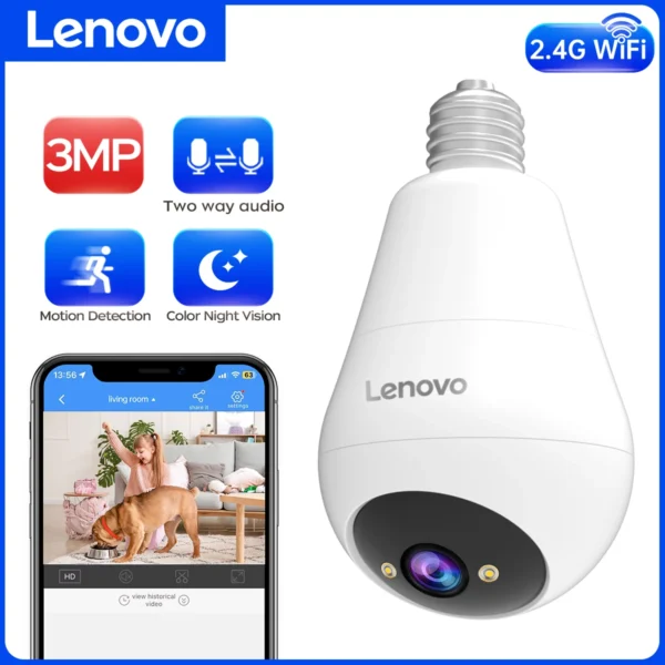 Lenovo 3MP WiFi E27 Bulb Security Camera | Smart Home Wireless Camera with Full-Color Night Vision & Two-Way Audio